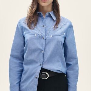 Mango Studded Western Chambray Shirt NWT Blue Snap Button Top size 4